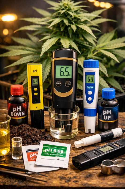 Bestes pH-Messgerät für Cannabis mit digitalen Messgeräten, Kalibrierlösung und pH-Up-pH-Down im Grow-Setup