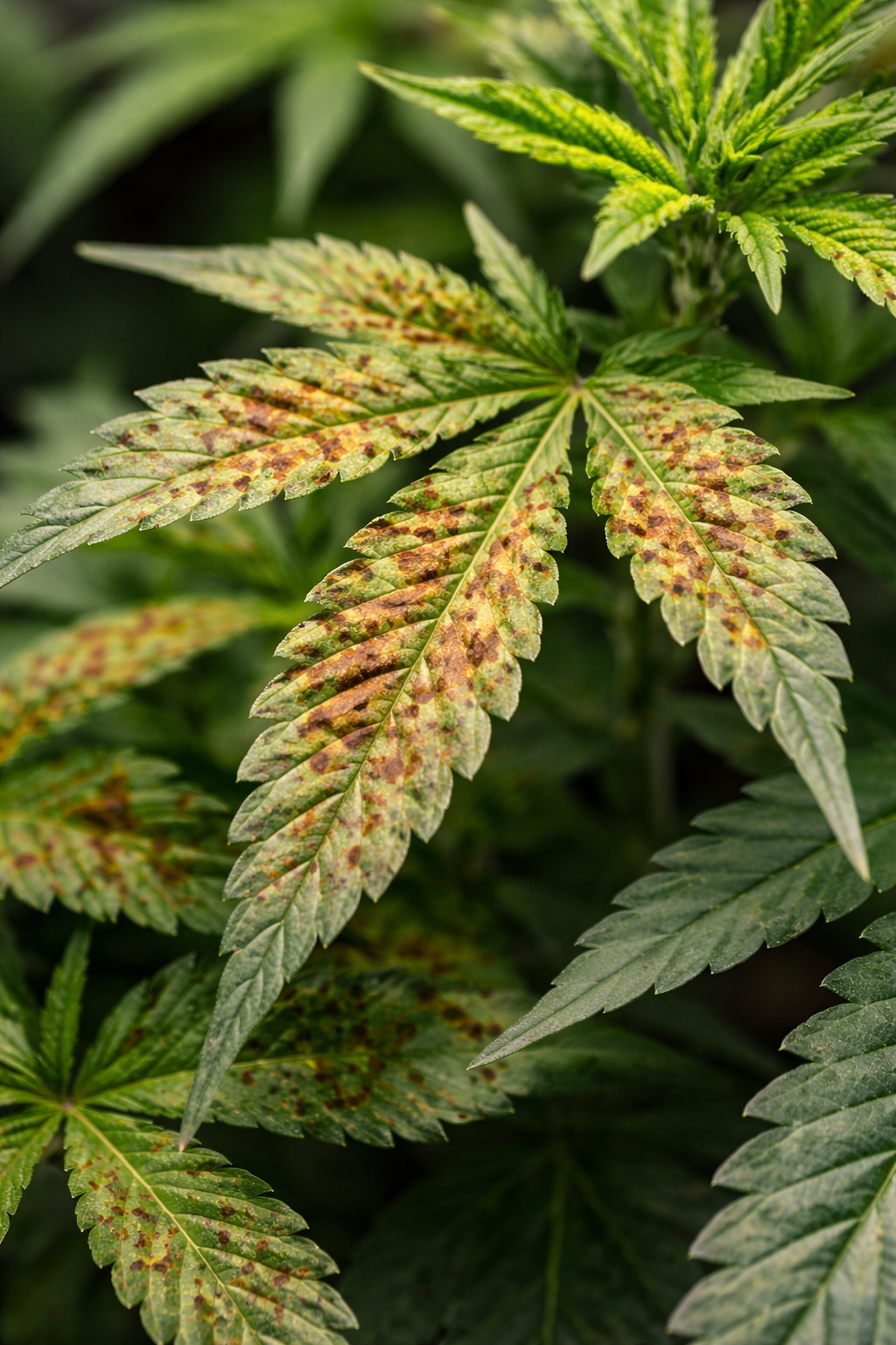 Braune Flecken auf Cannabisblättern durch Calciummangel