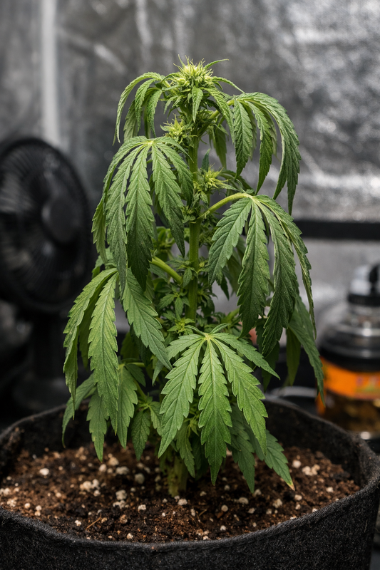Cannabis Pflanze mit hängenden Blättern durch Überwässerung im Indoor Grow erkennen