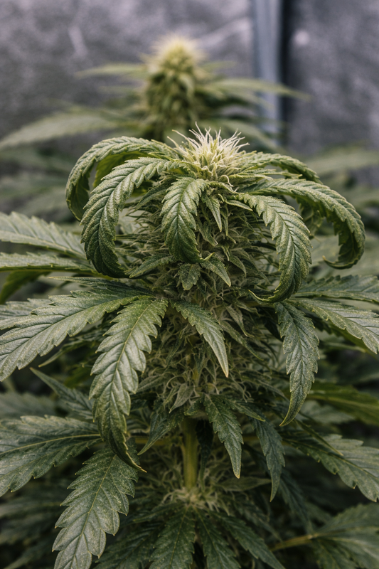 Cannabis Blätter rollen sich ein durch Stress, Überdüngung oder Hitze im Growzelt