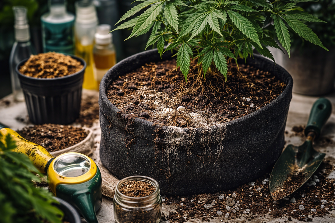 Cannabis Erde Probleme durch Staunässe und verdichtetes Substrat mit beginnender Wurzelfäule und schlechter Bodenstruktur