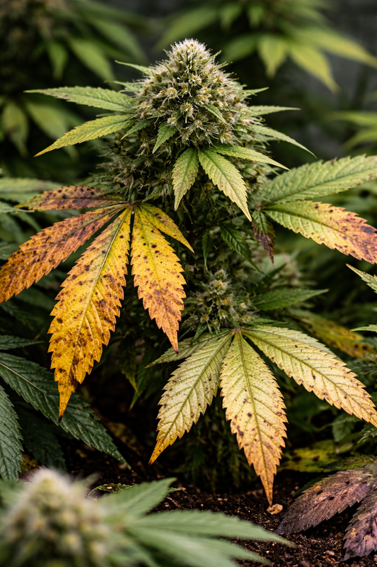 Cannabis Pflanze mit Nährstoffmangel – gelbe Blätter, braune Flecken und typische Symptome von Mangelerscheinungen