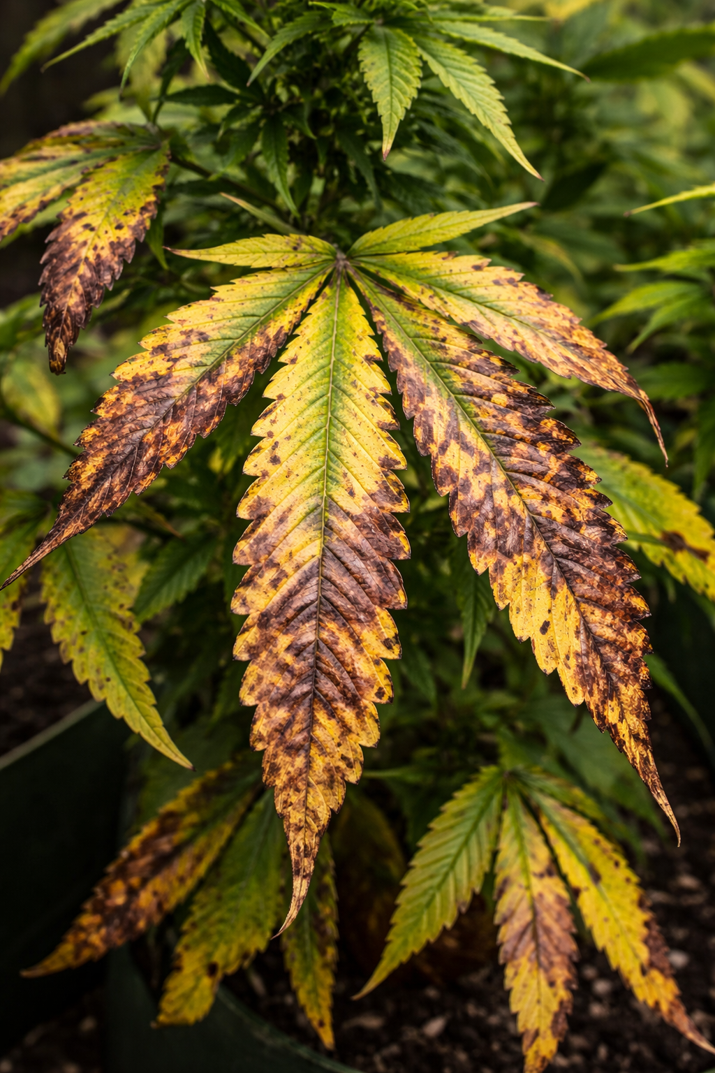 Cannabis Pflanze mit pH-Problemen und Nährstoffblockade gelbe und braune Blätter erkennen