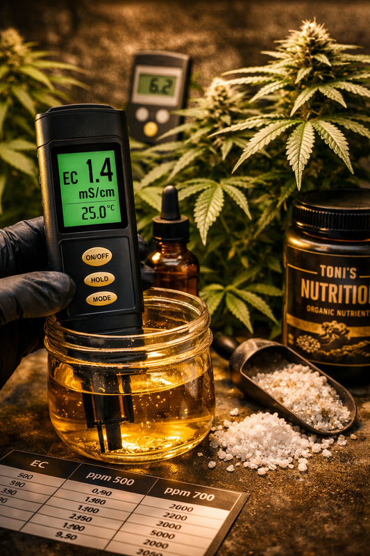 Digitales EC-Messgeraet misst die Naehrstoffloesung bei bluehenden Cannabis-Pflanzen im Indoor-Grow