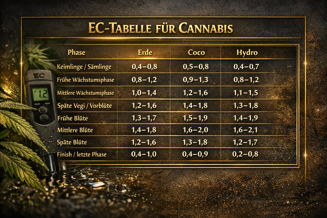 EC-Wert Tabelle für Cannabis mit optimalen Werten für Erde, Coco und Hydro in Wachstum und Blüte