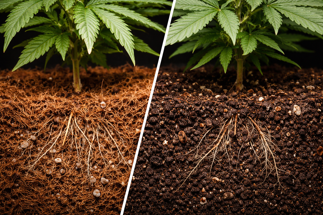 Kokos vs Erde bei Cannabis Vergleich mit Wurzeln und Substratstruktur