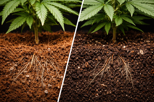 Kokos vs Erde bei Cannabis Vergleich mit Wurzeln und Substratstruktur