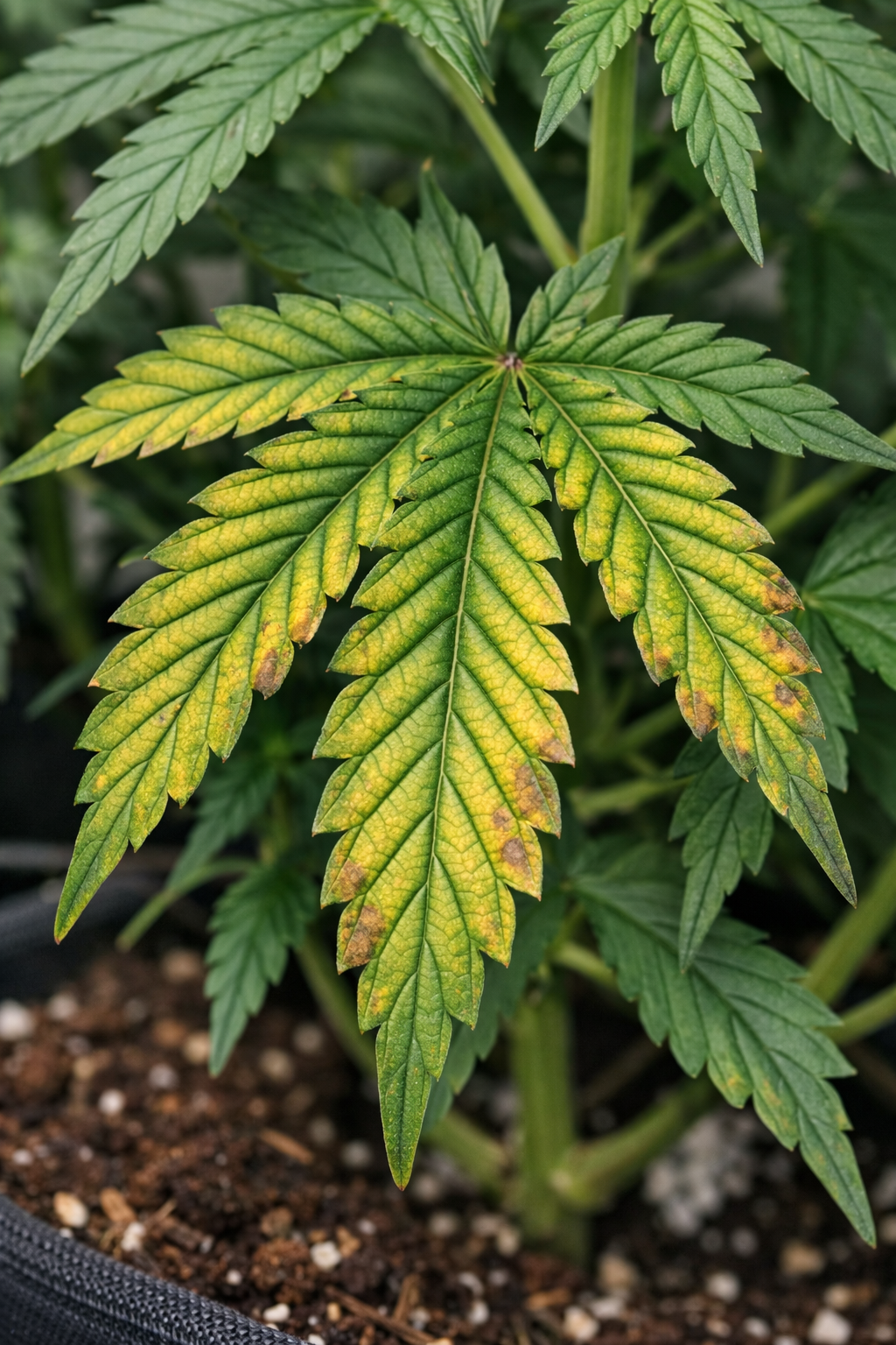Magnesiummangel bei Cannabis mit gelben Bereichen zwischen Blattadern