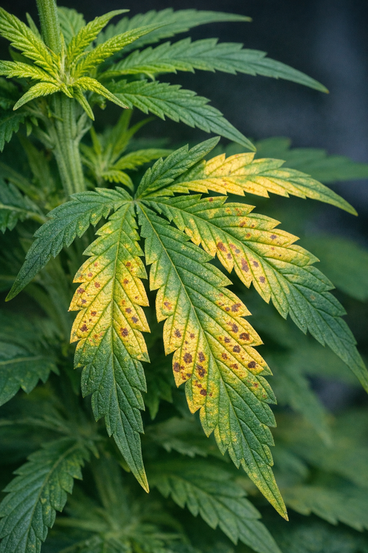 Manganmangel bei Cannabis Blatt mit gelben Bereichen zwischen Blattadern und braunen Flecken