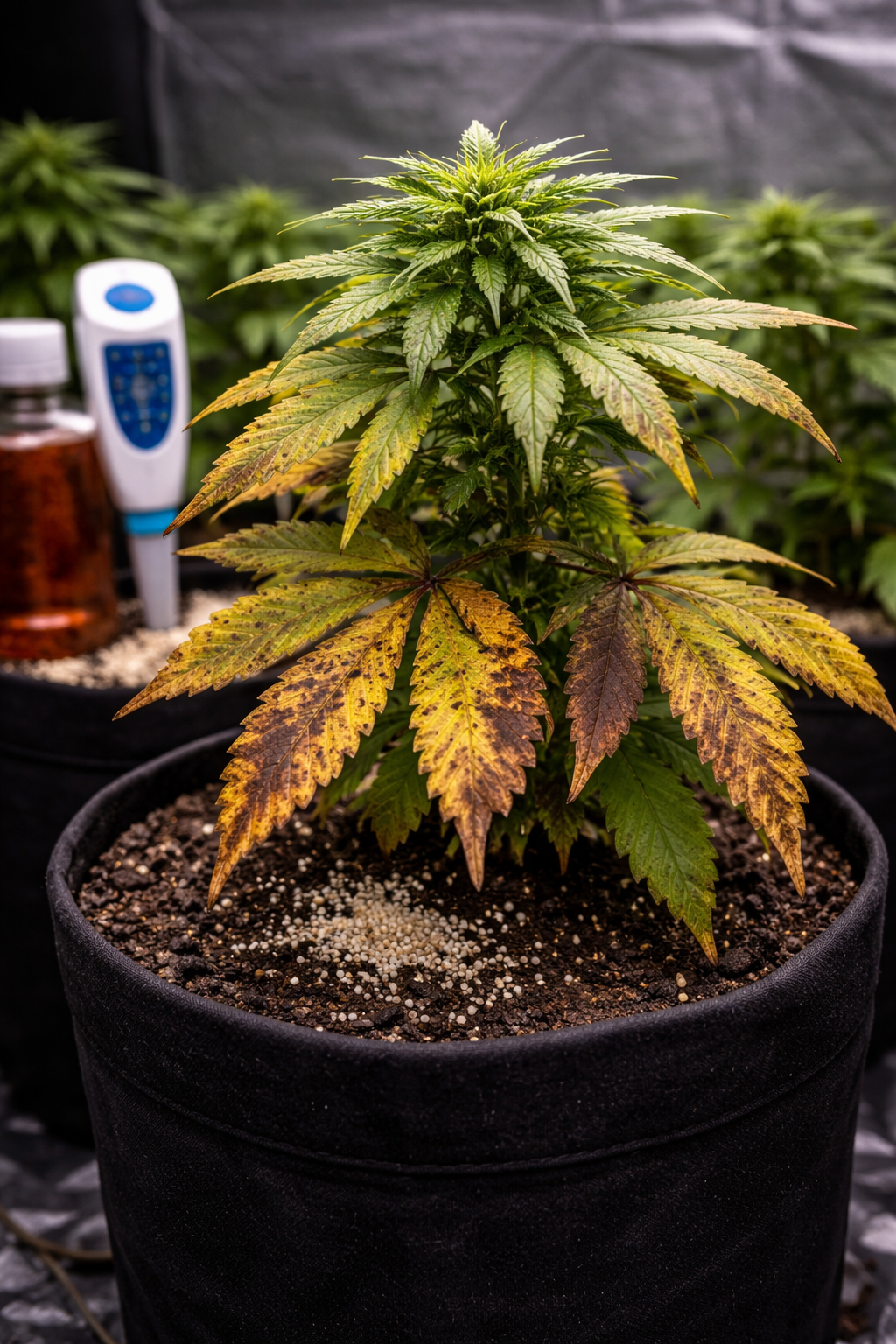 Nährstoffblockade bei Cannabis mit gelben und braunen Blättern durch gestörte Nährstoffaufnahme erkennen