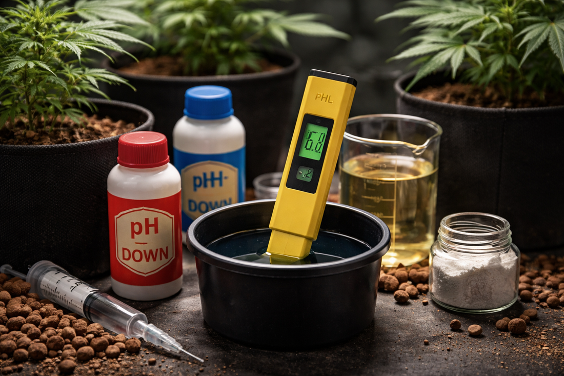 pH-Wert bei Cannabis messen mit digitalem pH-Meter im Gießwasser und Drain für Erde und Kokos Substrat