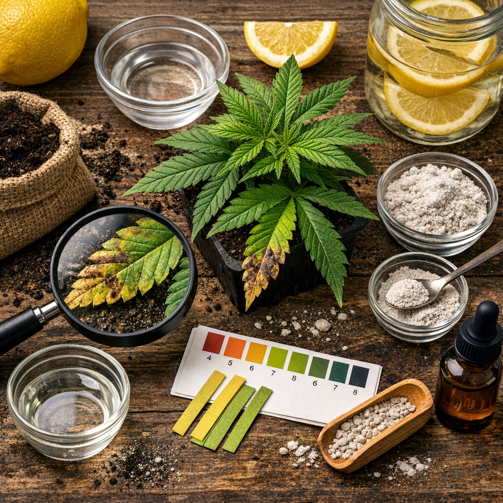 Cannabis Pflanze mit pH Problem ohne Messgerät erkennen gelbe Blätter und Nährstoffmangel Symptome