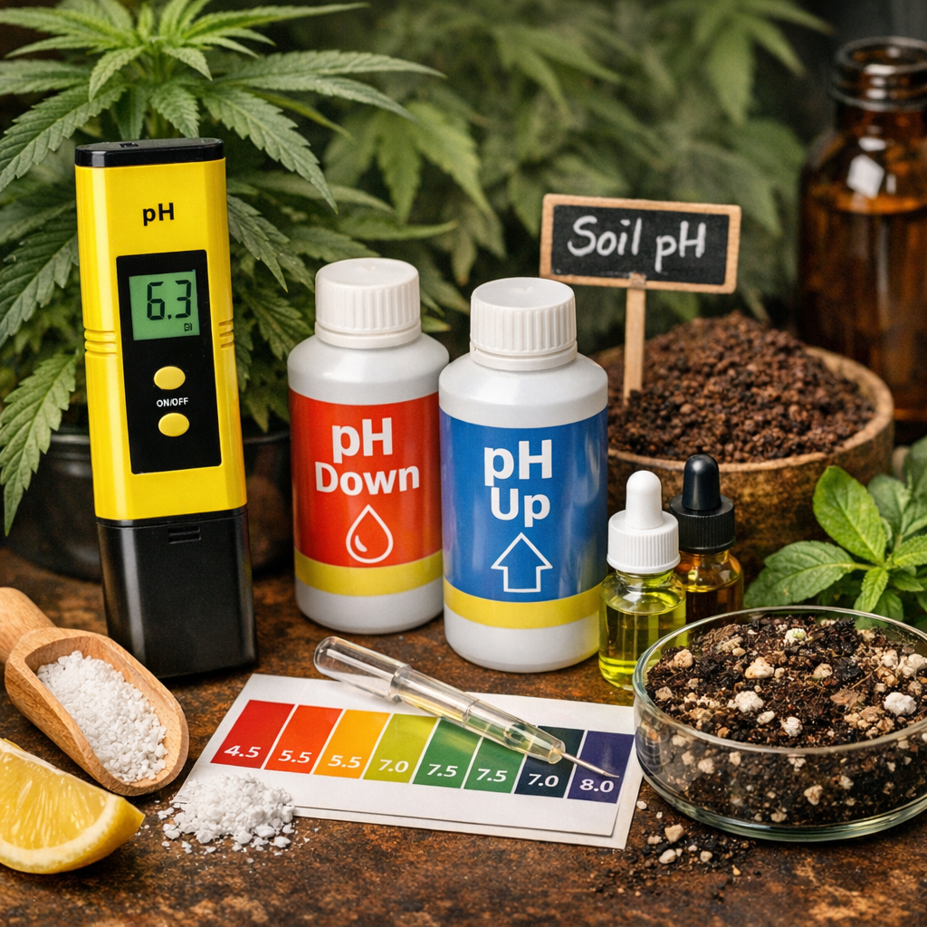 Cannabis pH-Wert messen mit pH-Meter, Dünger und Erde zur Stabilisierung des pH-Werts im Grow