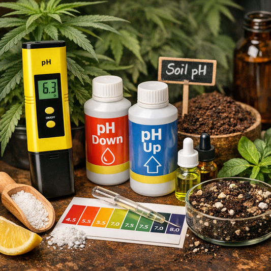 Cannabis pH-Wert messen mit pH-Meter, Dünger und Erde zur Stabilisierung des pH-Werts im Grow