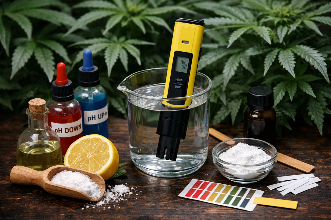 pH-Wert im Gießwasser bei Cannabis einstellen mit pH-Messgerät, pH Down und pH Up für optimale Nährstoffaufnahme
