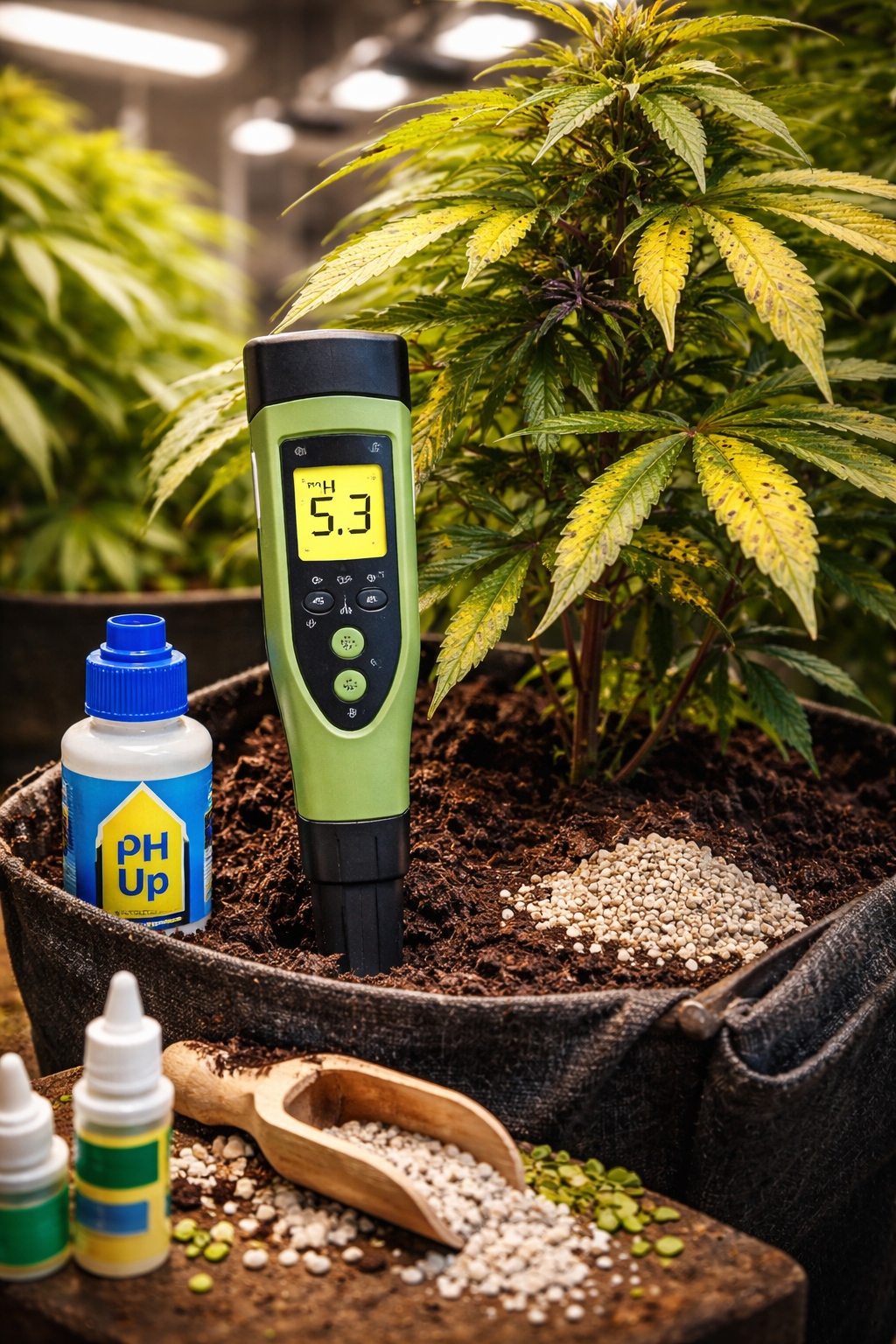 pH-Wert zu niedrig Cannabis messen Gerät Symptome gelbe Blätter