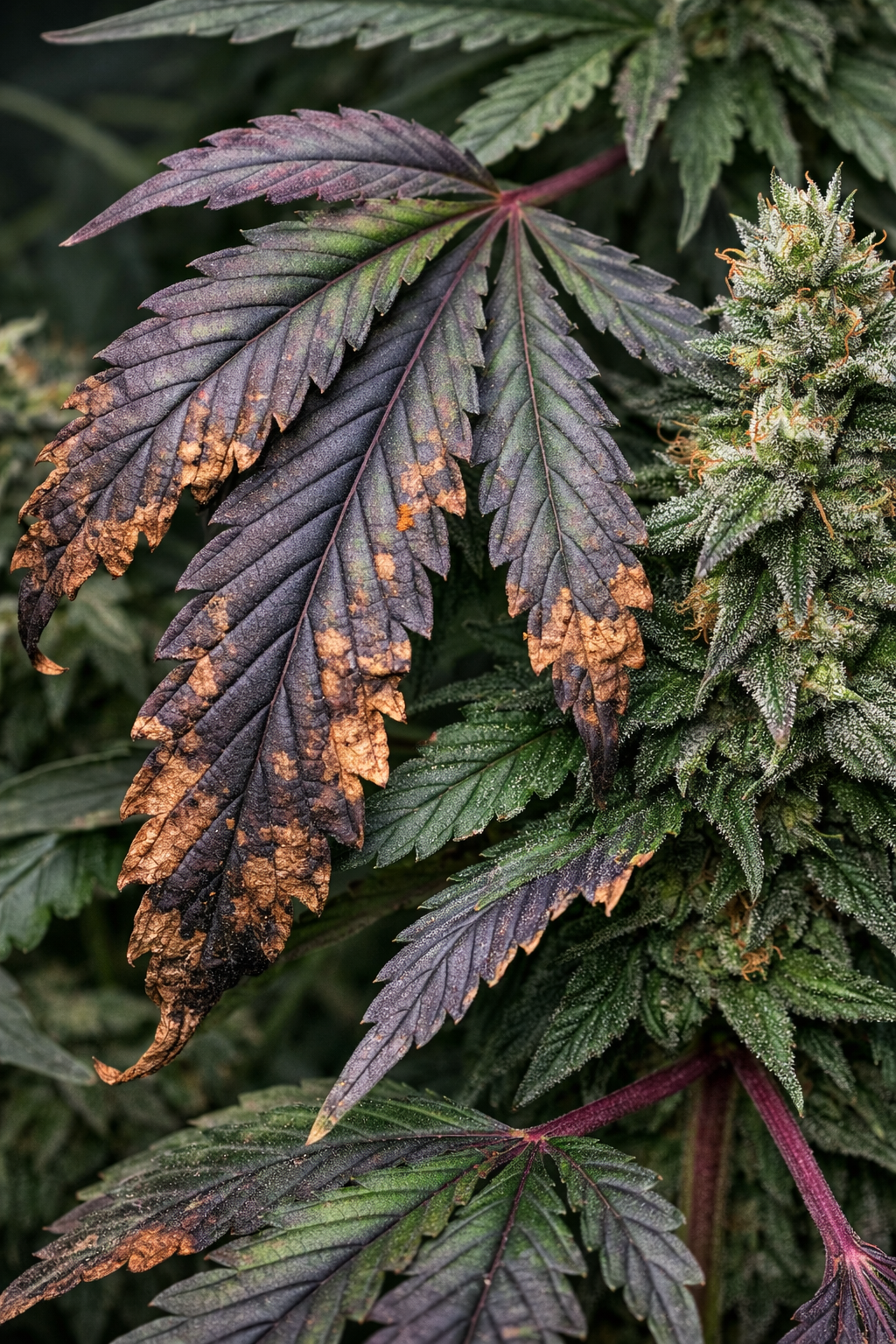 Phosphormangel bei Cannabis erkennen- dunkle Blätter und rötliche Stiele als typische Symptome