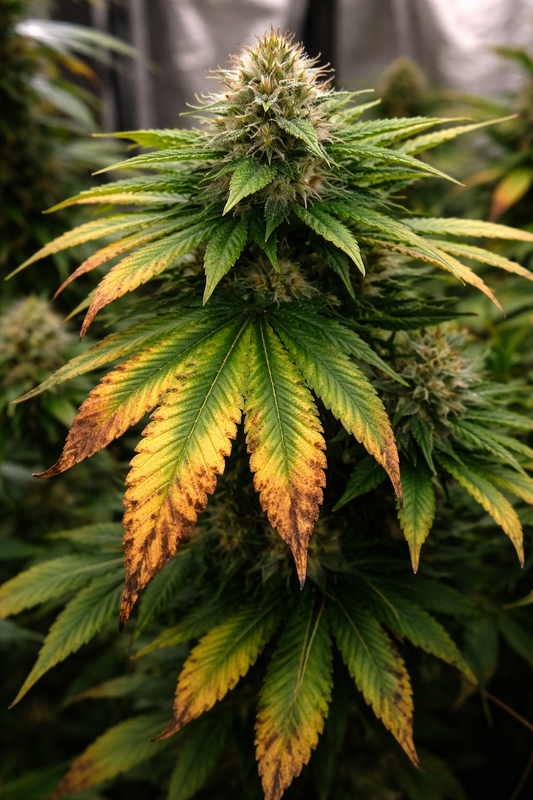 Starke Überdüngung bei Cannabis mit verbrannten Blattspitzen, braunen Blatträndern und deutlichem Salzstress an der Pflanze