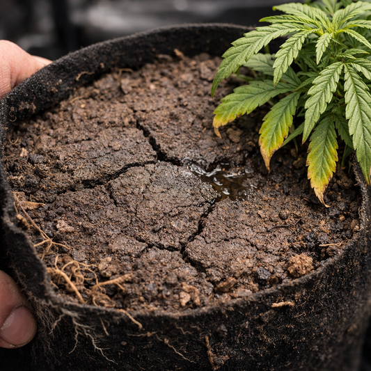 Verdichtete Erde bei Cannabis mit trockener Oberfläche und schlechter Belüftung