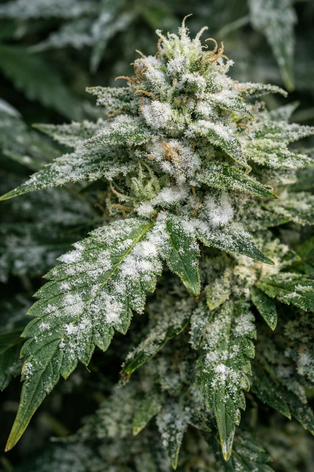 Weißer Mehltau bei Cannabis auf Blüte und Blättern im Nahaufnahme-Befall