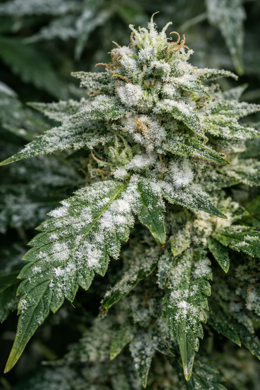 Weißer Mehltau bei Cannabis auf Blüte und Blättern im Nahaufnahme-Befall